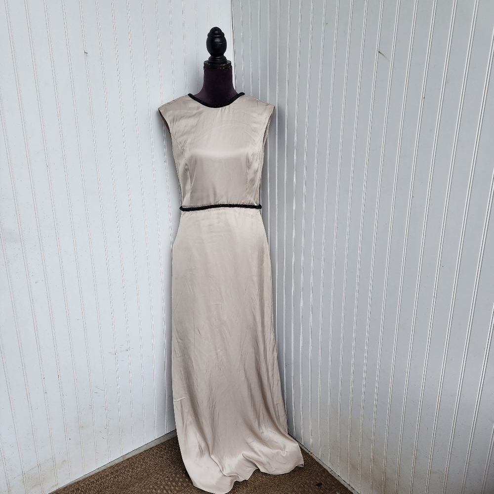 MNG suit MANGO Satin Long Dress Maxi Satin Black Beaded Back Deep Open Lined  6